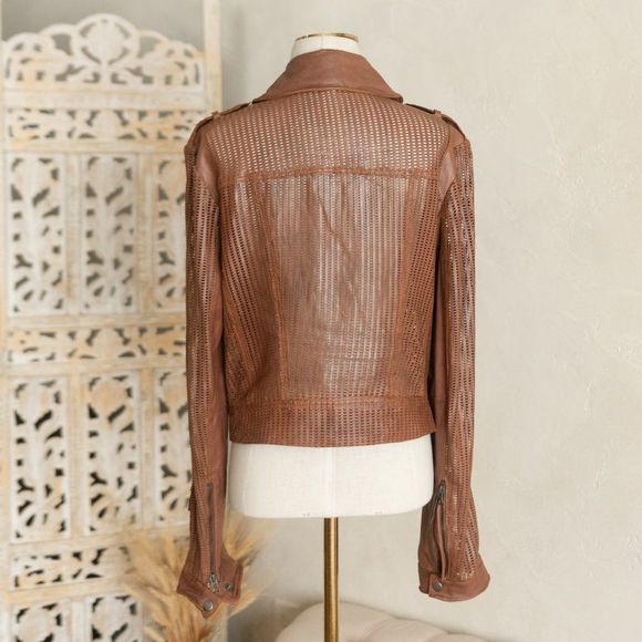 Women’s jakett New York Brown‎ Leather Perforated Moto Jacket sz M - Picture 10 of 17